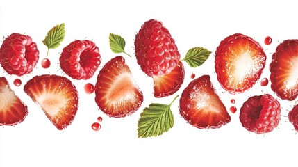 Fresh raspberries and strawberries arranged on a white background, showcasing juicy fruit slices