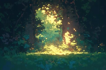 Sunlit clearing in forest with illuminated ground