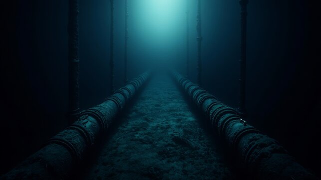 Fototapeta Dark underwater tunnel mysteriously glows with ethereal light. AI Generated