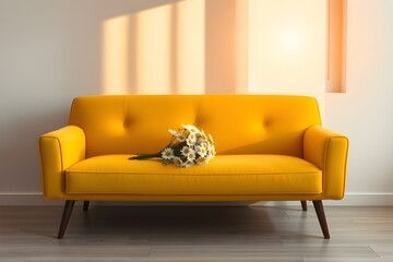 Modern living room with stylish yellow sofa. daisy flowers, sunrise, 3d Render real room template.
