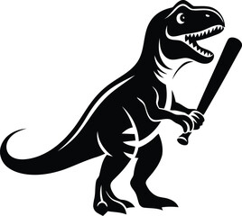 Cute T-Rex dinosaur holding a baseball bat silhouette vector illustration, T-Rex dinosaur holding a baseball bat line art vector icon design