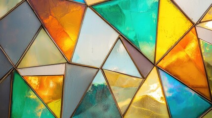 Colorful abstract stained glass pattern featuring geometric shapes reflecting light