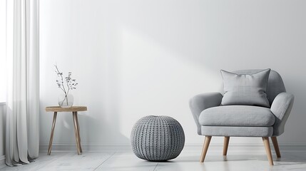 Interior of beautiful living room with cushion, stylish grey armchair and pouf near white wall