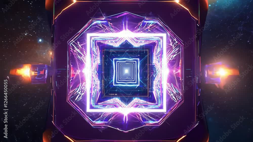 Poster Infinite 3D Display with Vibrant Cosmic Backdrop and Pulsating Geometric Portal