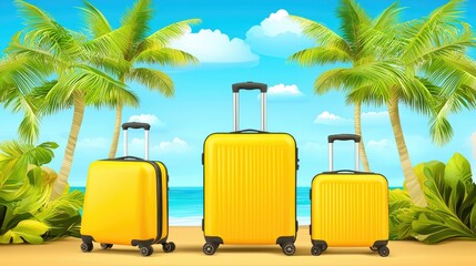 Obraz premium Three vibrant yellow suitcases on a sandy beach with palm trees and ocean backdrop