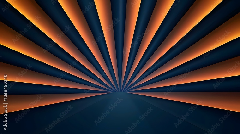 Poster the image contains an abstract design of radiating orange and dark blue stripes converging towards a