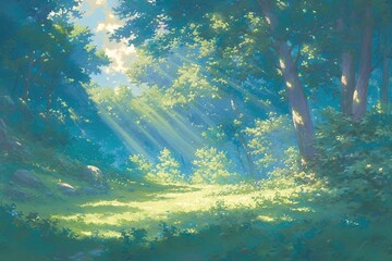 Sunlit forest clearing, trees, leaves, sun rays; background nature scene