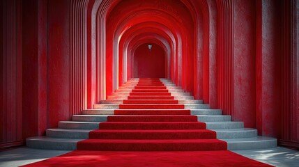 Grand red staircase leading to an illuminated archway, symbolizing elegance and grandeur