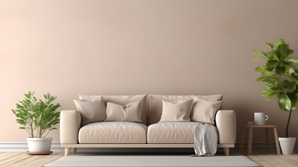Fototapeta premium Modern Beige Sofa in Minimalist Living Room Interior Design with Plants