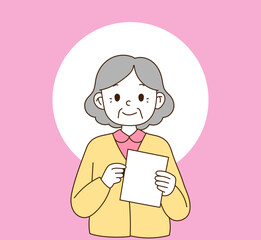 The old woman is holding a piece of document.