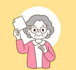 The old woman is holding a piece of document.