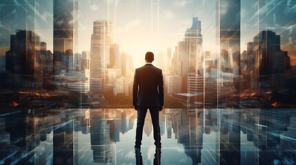 Fototapeta premium Ambitious Businessman Contemplating Future Cityscape Sunrise Modern Business Success