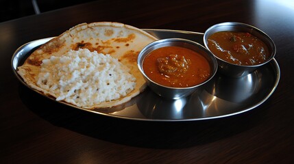 Restaurant Indian curry rice naan platter