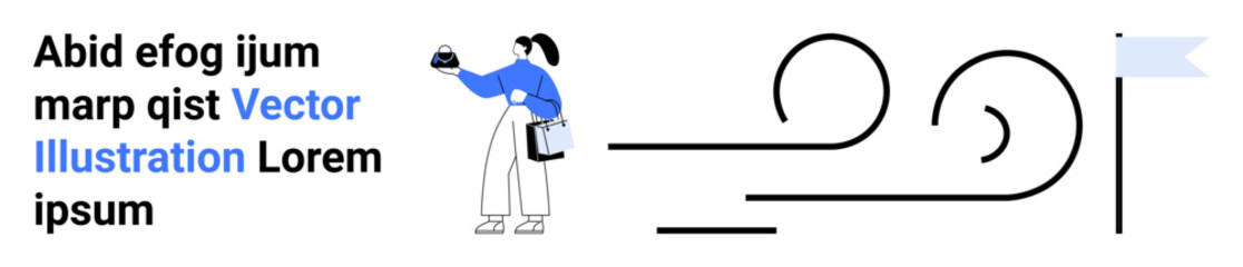 Woman holding trophy with minimalist outfits, abstract swirls, text layout, and flag element. Ideal for success, motivation, award, celebration, accomplishment ambition and flat landing page banner