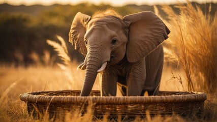 A young elephant playfully stands in a woven basket amidst tall grass at sunset.