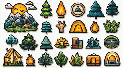 A collection of camping and nature-themed icons and illustrations.