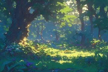 Sunlit forest path with wildflowers. Background of trees and sunrays. Use scenery