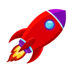 Space rocket icon in red and purple combination isolated on white background. Spaceship vector illustration in simple trendy cartoon style. Flying rocket element design for children’s toy. 