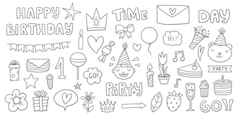 Set of party doodle. Sketch of Birthday decoration, gift box, cake, party hats in sketch style. Hand drawn vector illustration isolated on white background.