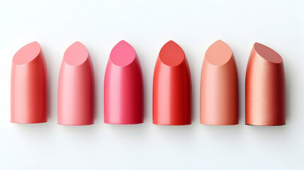 Seven lipstick shades arranged on white background, showcasing various pink and red tones, ideal for beauty or makeup tutorials