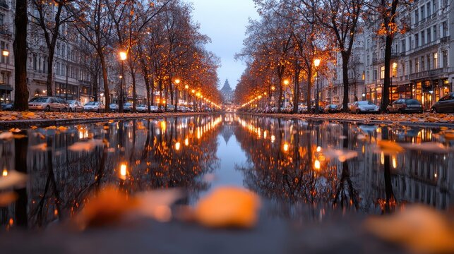 Autumn evening street reflection, city lights, Paris
