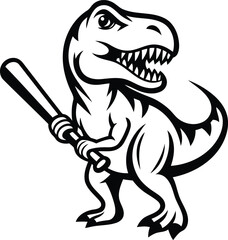 Cute T-Rex dinosaur holding a baseball bat silhouette vector illustration, T-Rex dinosaur holding a baseball bat line art vector icon design © Hai