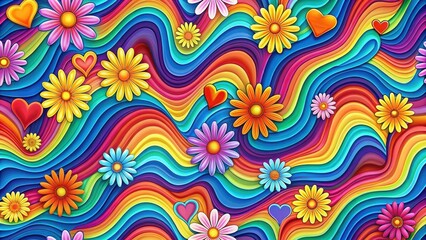 Obraz premium Vibrant Rainbow Waves with Colorful Flowers and Hearts A Psychedelic Floral Pattern Design