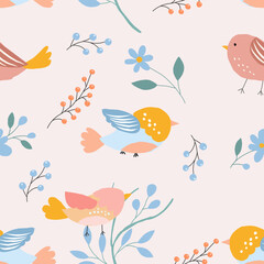 Cute Birds and Floral Seamless Pattern