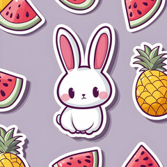 Obraz premium Cute bunny surrounded by watermelon and pineapple slices; summer fruit pattern background; ideal for children's products or summer themes
