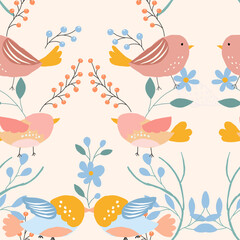 Cute Birds and Floral Seamless Pattern