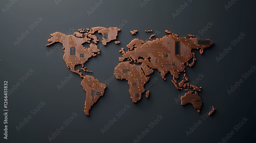 Aufkleber a three-dimensional rendering of a world map, constructed from a copper-colored circuit board design