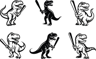 Cute T-Rex dinosaur holding a baseball bat silhouette vector illustration set, T-Rex dinosaur holding a baseball bat line art vector icon design © Hai