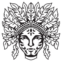 Native american indian head with feathers and headdress, vector illustration