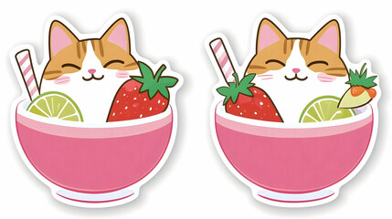 Happy cat enjoying a strawberry smoothie bowl, summer fun, cartoon illustration, perfect for summer drink menu or kids' product design