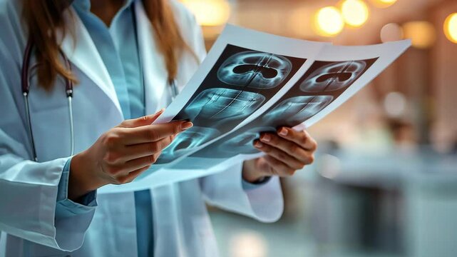 Close-up of a dentist's hand displaying a panoramic x-ray to a female patient in the dentist's office.