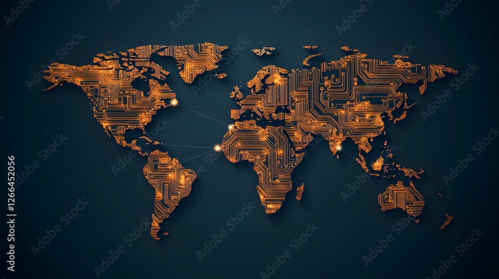 Poster the image shows a world map designed to look like a circuit board, with glowing orange lines represe