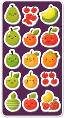 Fototapeta premium Cute fruit stickers apples, pears, oranges, bananas, and cherries; kid's craft supplies; vibrant background