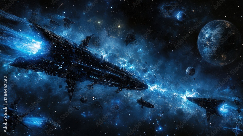 Leinwandbilder Spaceships navigating through a vibrant cosmic scene with stars and glowing nebulas in deep space. Generative AI