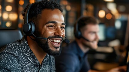 Cheerful African American Male Customer Service Agent at Work with Colleague in a Call Center Environment Emphasizing Team Collaboration and Professionalism