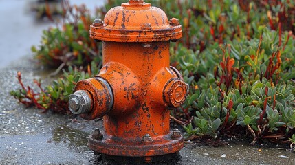 Vibrant orange fire hydrant amidst lush green ground cover in an urban landscape