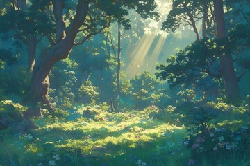 Sunlit forest with trees and green plants