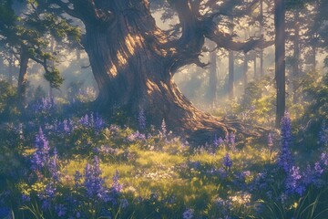 Sunlit giant tree stands in the forest with purple flowers below, hazy scene