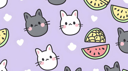 Cute cats and watermelon slices pattern, summer background,  ideal for textile design or children's products