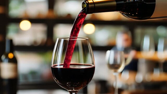 Pouring Red Wine: Rich, ruby red wine pours into a crystal glass, the liquid shimmering in the light, promising a delightful taste experience.