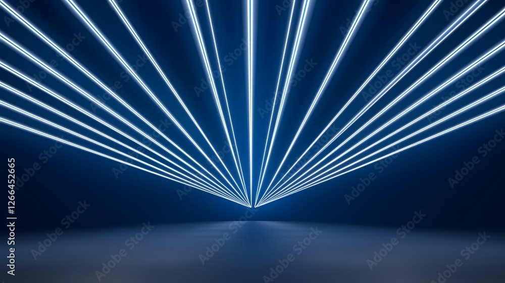 Aufkleber the image contains multiple bright, white neon lines converging at a central point on a dark blue ba