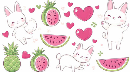 Cute bunnies, watermelon, and pineapples summer illustration for kids' products