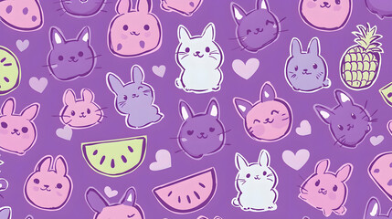Cute bunnies and fruits pattern, summer design, purple background, for textile or wallpaper
