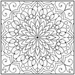 Intricate Mandala Coloring Page: Detailed Floral Design, Geometric Patterns, Relaxing Art Therapy, Printable Square Illustration for Adults & Kids