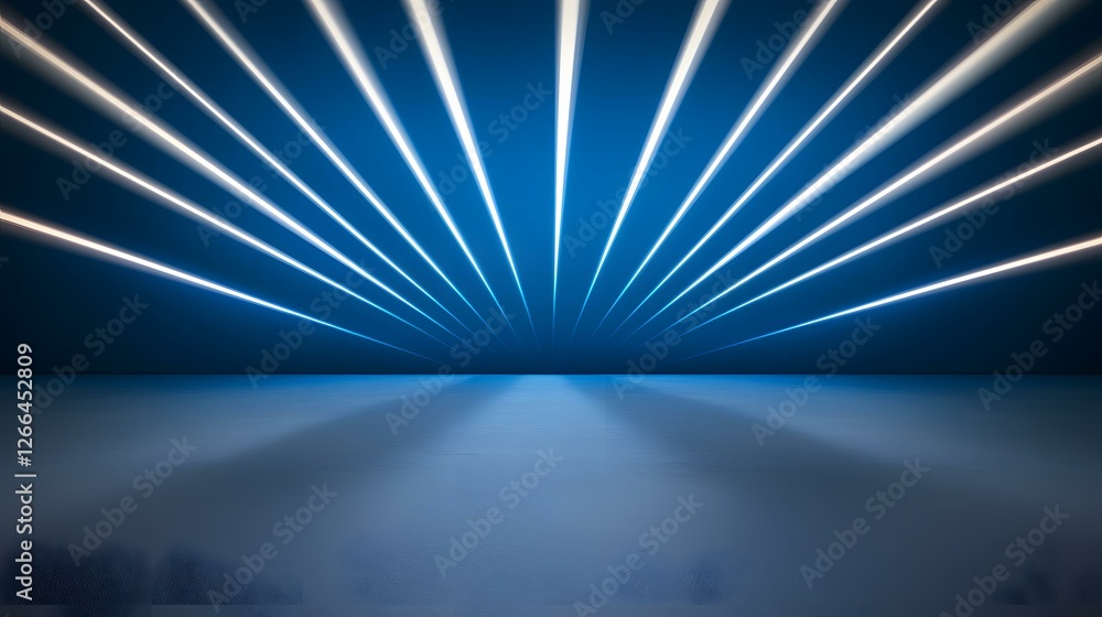 Poster the image shows a dark blue room with multiple bright white-blue lines of light emanating from a cen