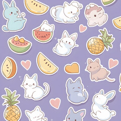 Cute cartoon cats, rabbits, and summer fruits pattern.  Perfect for kids' products, textiles, or phone cases